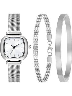 Women Silver Jewelry Stainless Steel Diamond Bangle Bracelets Set Square Watch